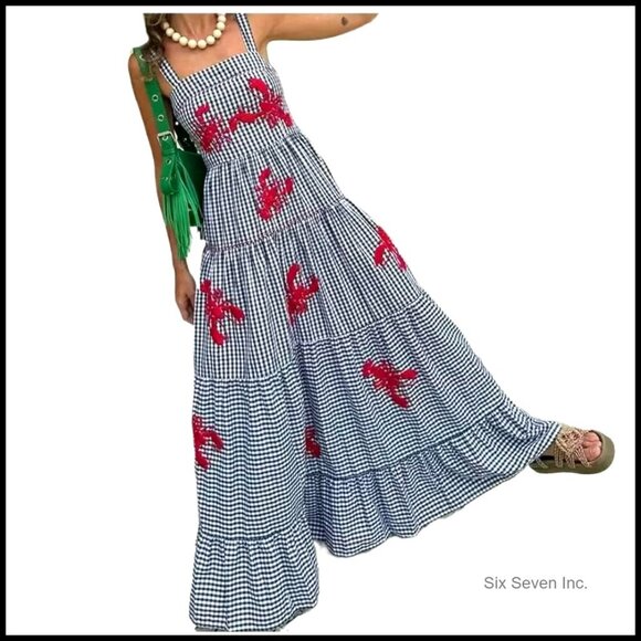 Dresses & Skirts - Linen Maxi Dress Flowy Ruffle Gingham Print Summer Casual Boho Chic